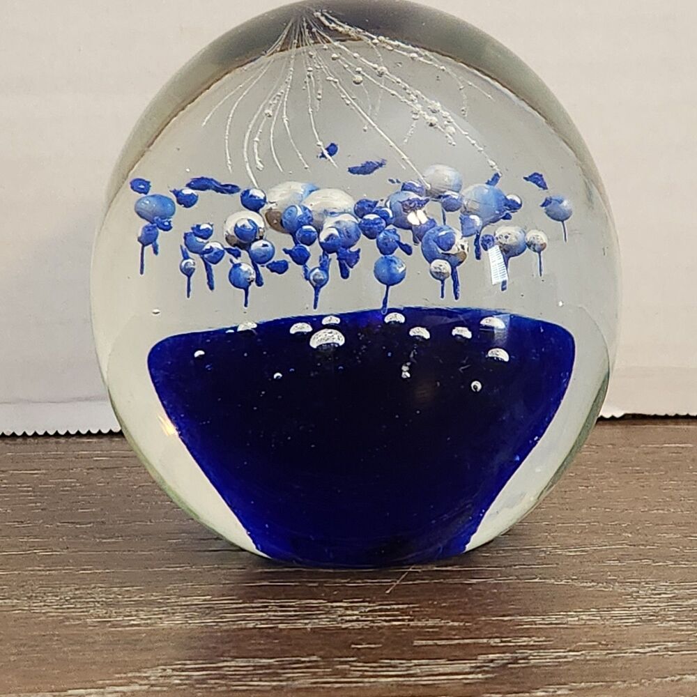 Vintage Blown Art Glass Paperweight Clear Globe Blue Suspended Bubbles 3.25"